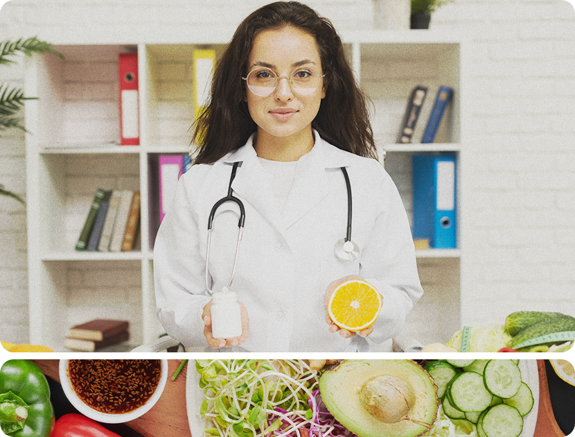 Em cima uma médica segurando uma laranja e um remédio, em baixo uma foto com alimentos saudáveis